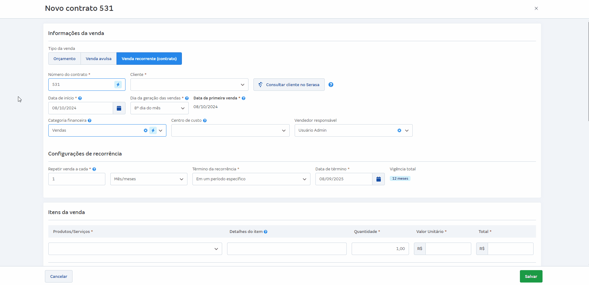 Passo a passo para editar o número do contrato na criação do contrato.