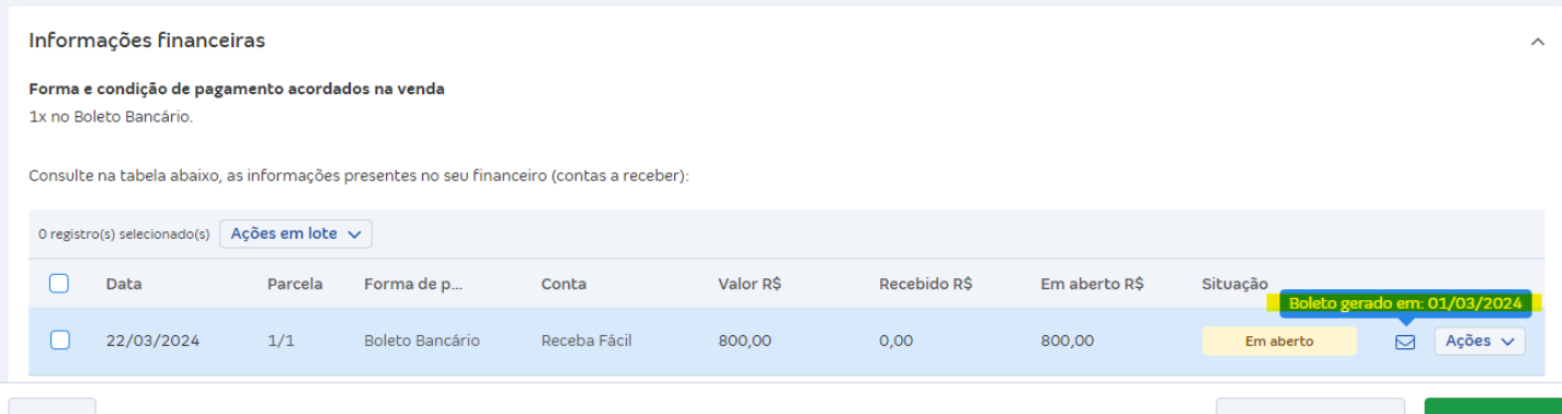 Tela de consulta do envio da cobrança pelo financeiro.