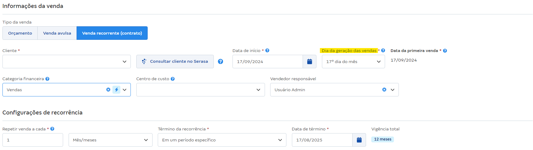 Tela de cadastro de contrato com destaque para o campo Dia da geração das vendas.