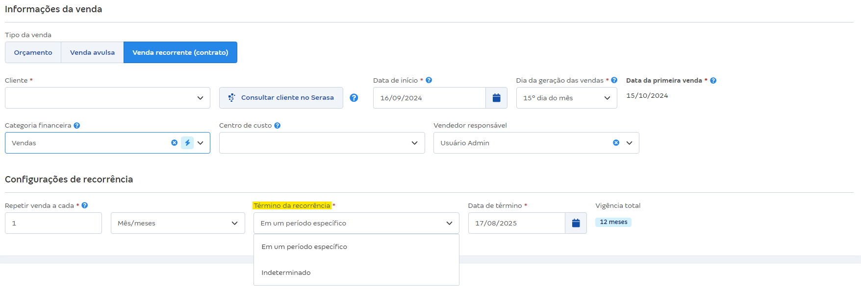 Tela de cadastro de contrato com destaque para o campo Término da recorrência.