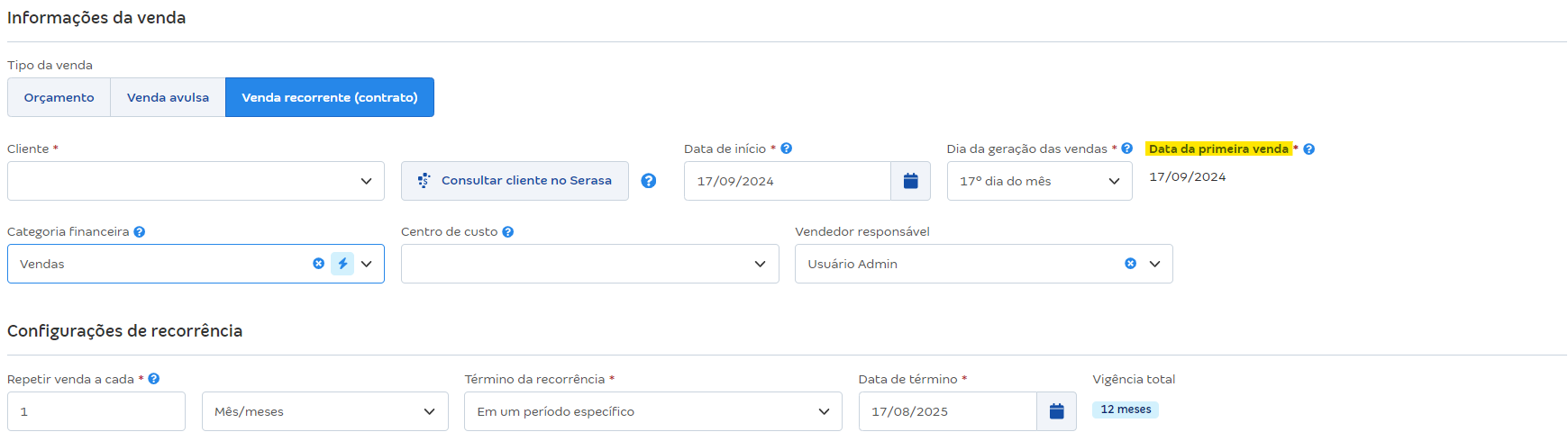 Tela de cadastro de contrato com destaque para o campo Data da primeira venda.