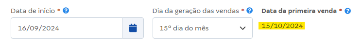Tela de cadastro de contrato com destaque para o campo Data da primeira venda.