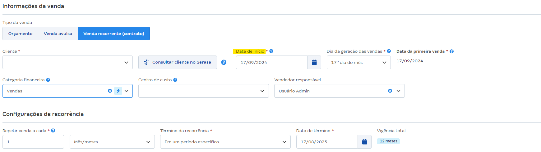 Tela de cadastro de contrato com destaque para o campo Data de início.