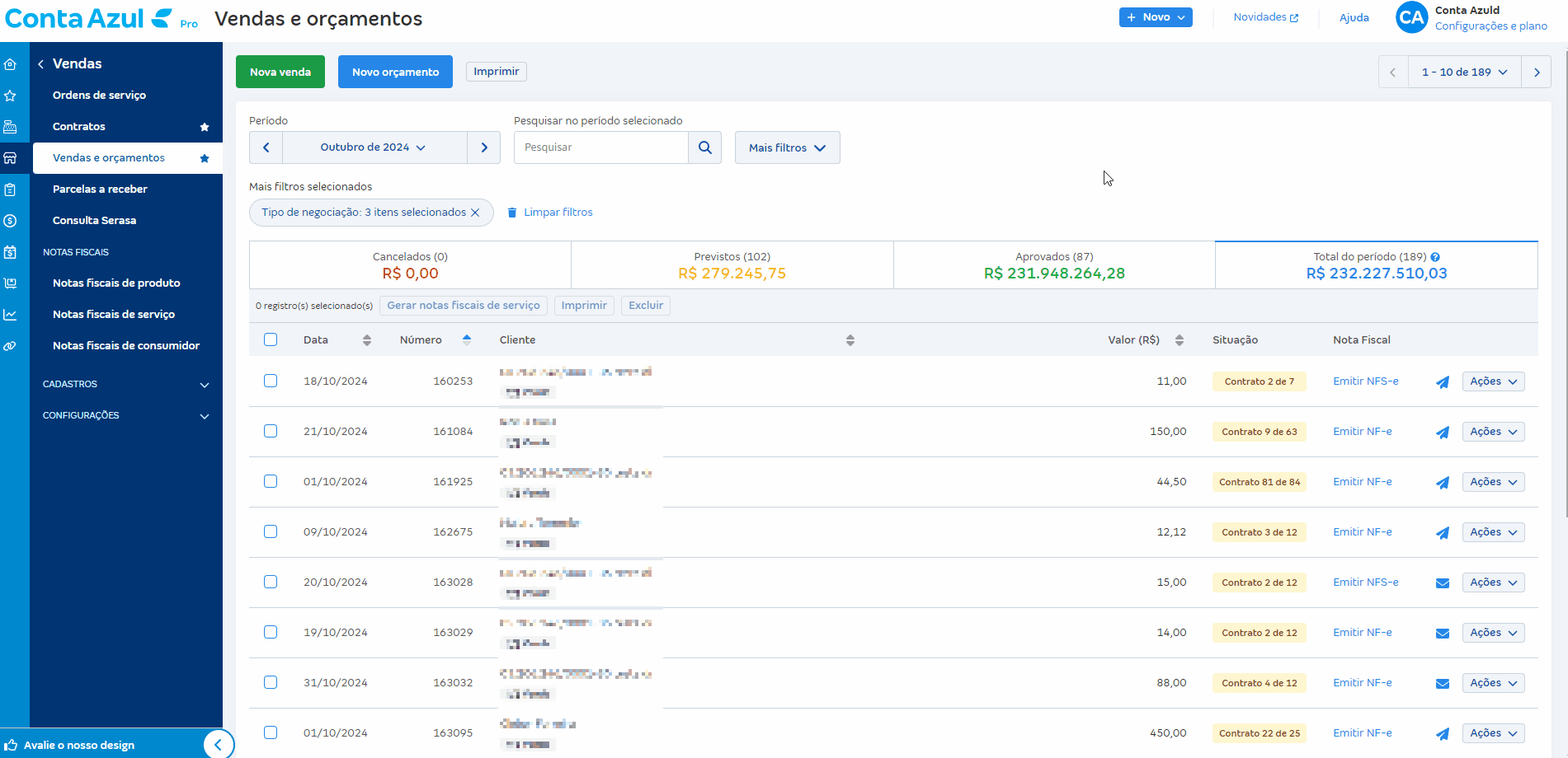 Passo a passo para filtrar pelo número do contrato na tela de Vendas e orçamentos.