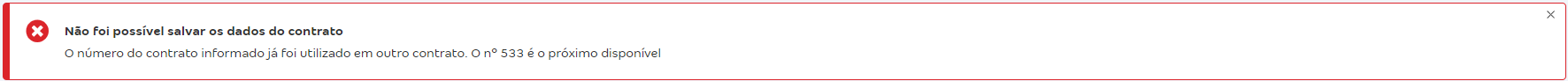 Tela de cadastro de contrato com destaque para o erro O número do contrato informado já foi utilizado em outro contrato.
