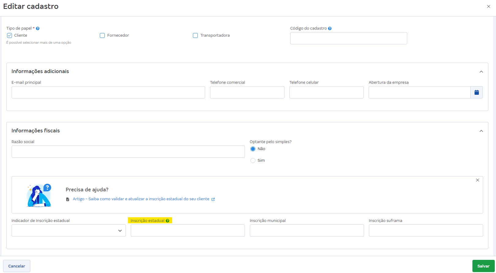 Tela com destaque para o campo Inscrição estadual no cadastro do cliente.