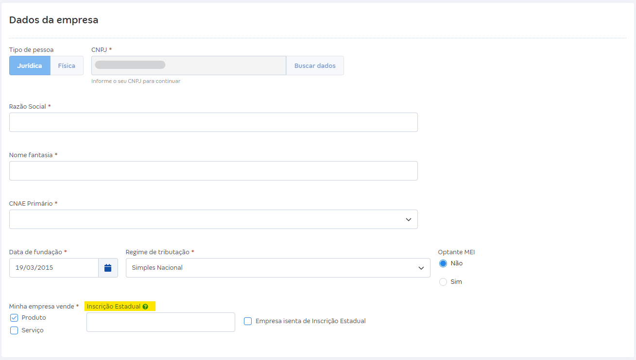 Tela com destaque para o campo Inscrição estadual nos Dados da empresa.