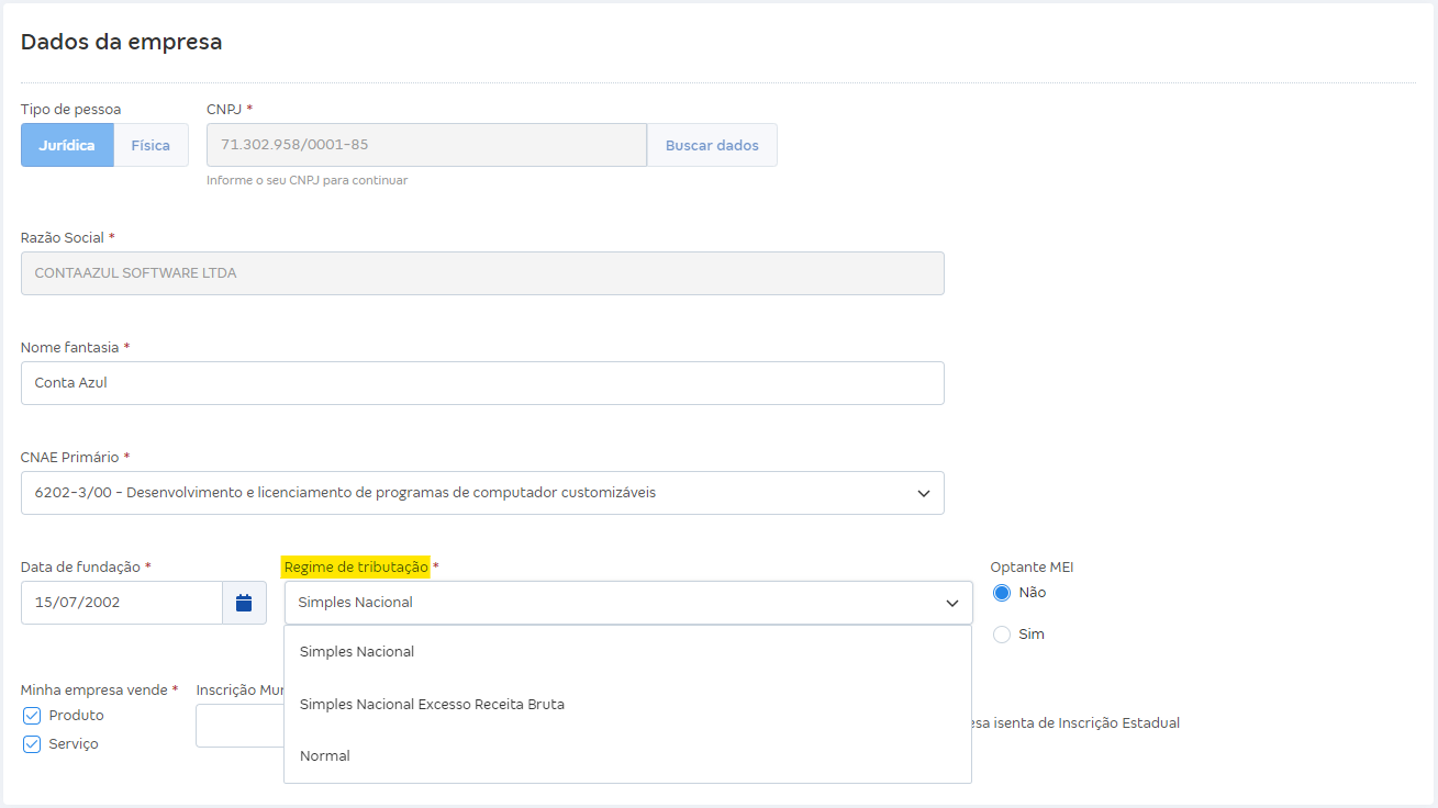 Tela de Dados da empresa com destaque para o campo Regime de tributação.
