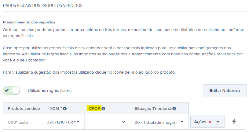 Tela de preenchimento do CFOP.