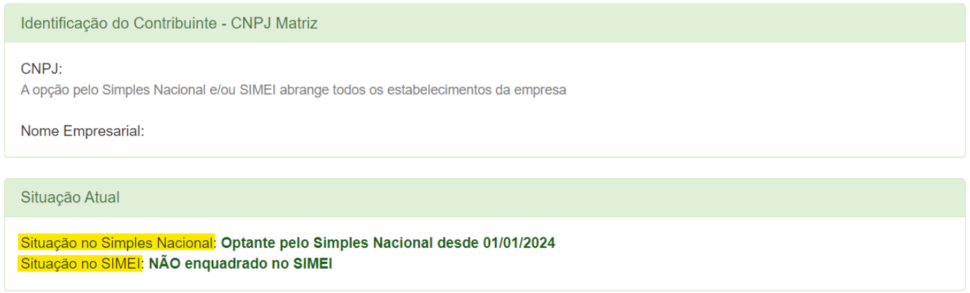 Tela de consulta de optantes do Simples Nacional com destaque para o campo Situação Atual.