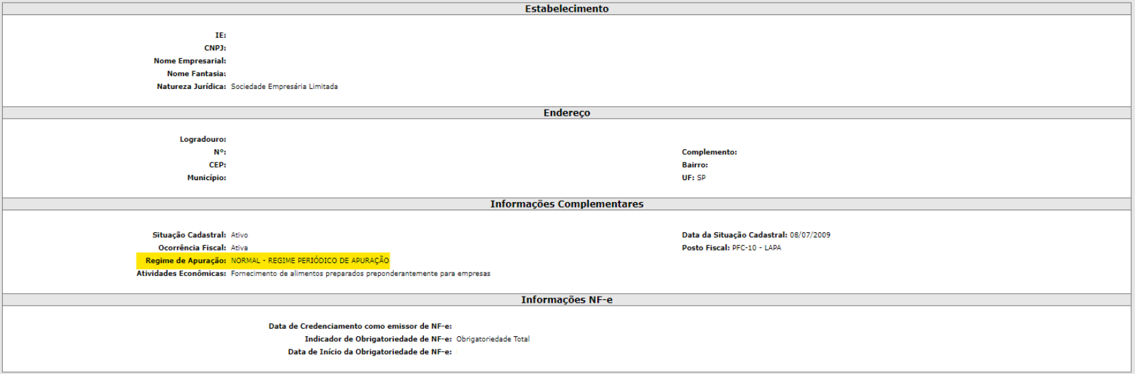 Tela de consulta no SINTEGRA com destaque para o campo Regime de Apuração.