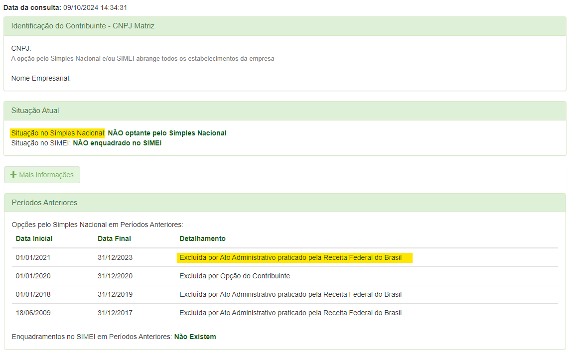 Tela de consulta de optantes do Simples Nacional com destaque para o campo Situação Atual.