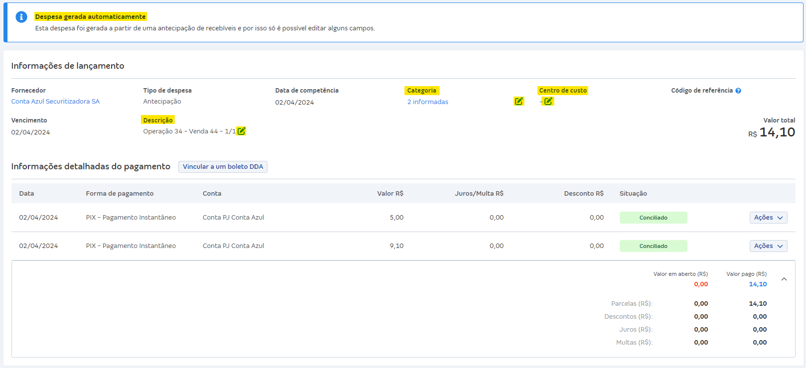 Tela do lançamento financeiro de pagamento da antecipação de recebível.