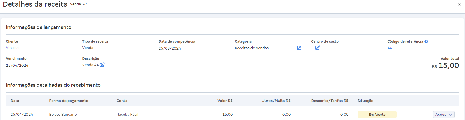 Tela da venda com os detalhes da receita.