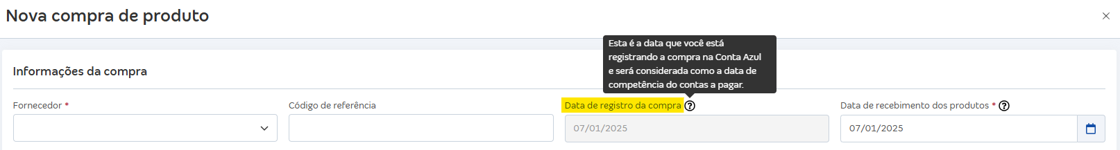 Tela de nova compra com destaque para o campo Data de registro da compra.
