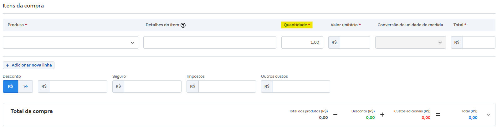 Tela de nova compra com destaque para o campo Quantidade.
