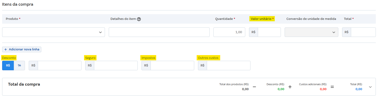 Tela de nova compra com destaque para os campos valor unitário, desconto, seguro, impostos e outros custos.