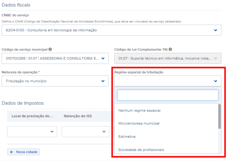 Tela de cadastro do serviço com destaque para o campo Regime especial de tributação.