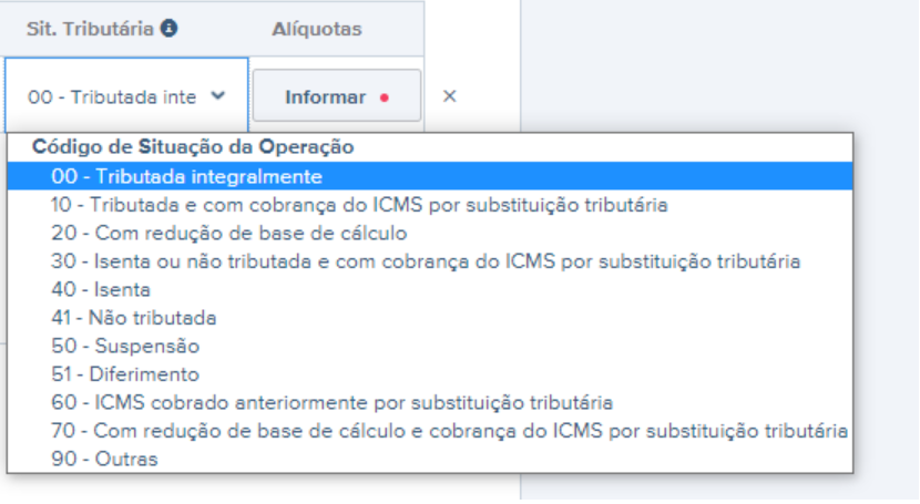 Tela de rascunho da NF-e com destaque para o campo Sit. Tributária.