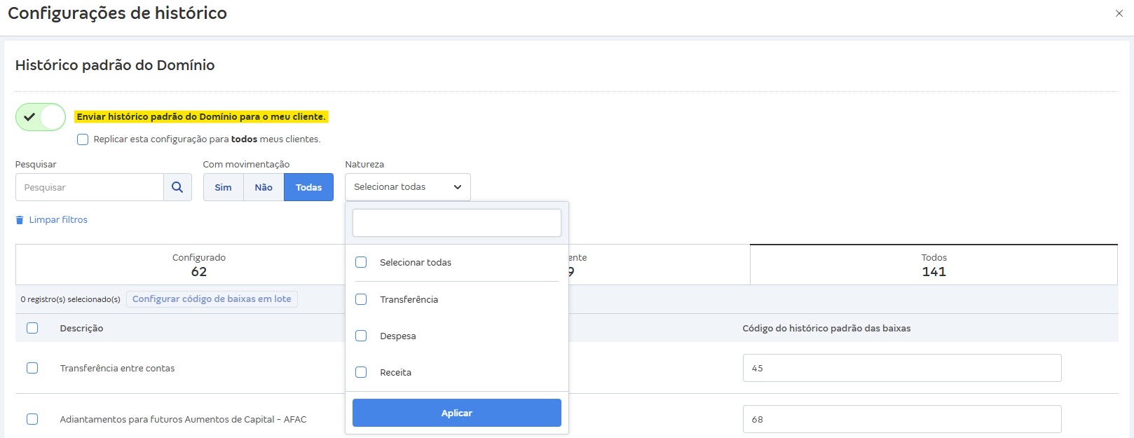 Tela de Formatação com destaque para o campo Replicar esta configuração para todos meus clientes.