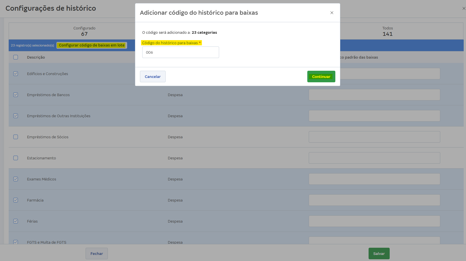Tela de Configurações de histórico com destaque para os campos Código do histórico para baixas e Continuar.