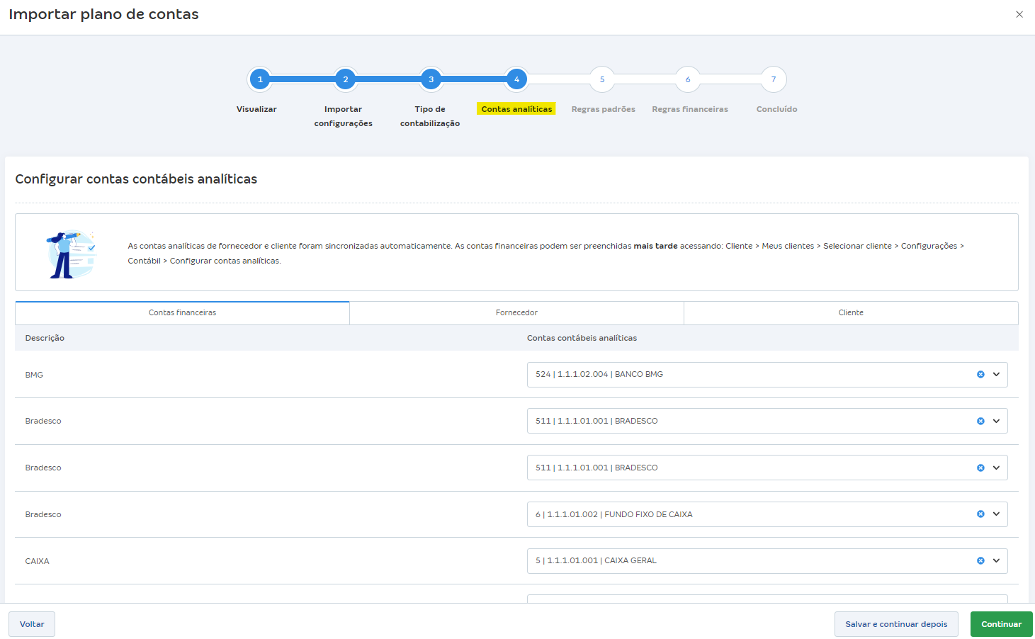 Tela de importação do plano com destaque para a aba Contas analíticas.