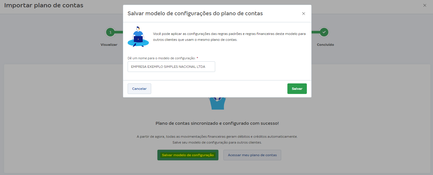 Tela de importação do plano com destaque para ao botão Salvar modelo de configuração.