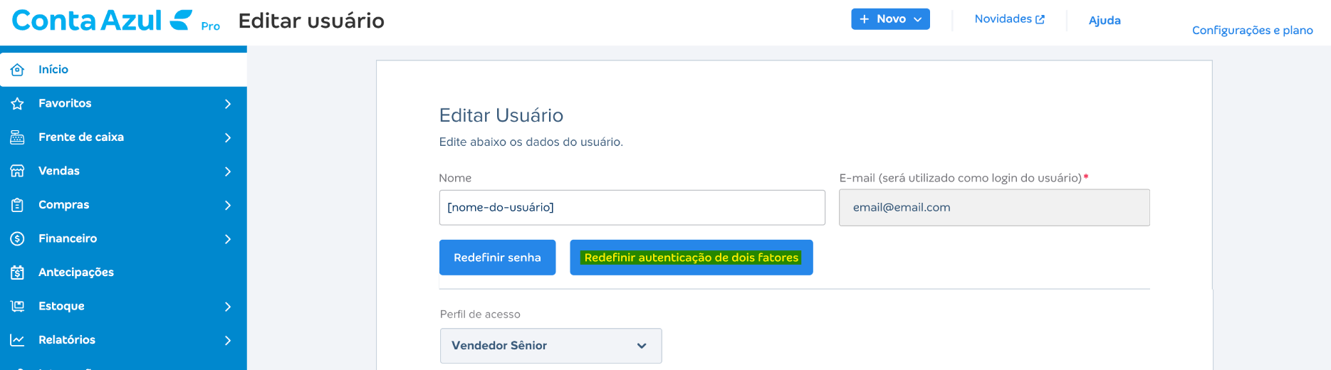 Tela de edição do usuário com opção para redefinir MFA