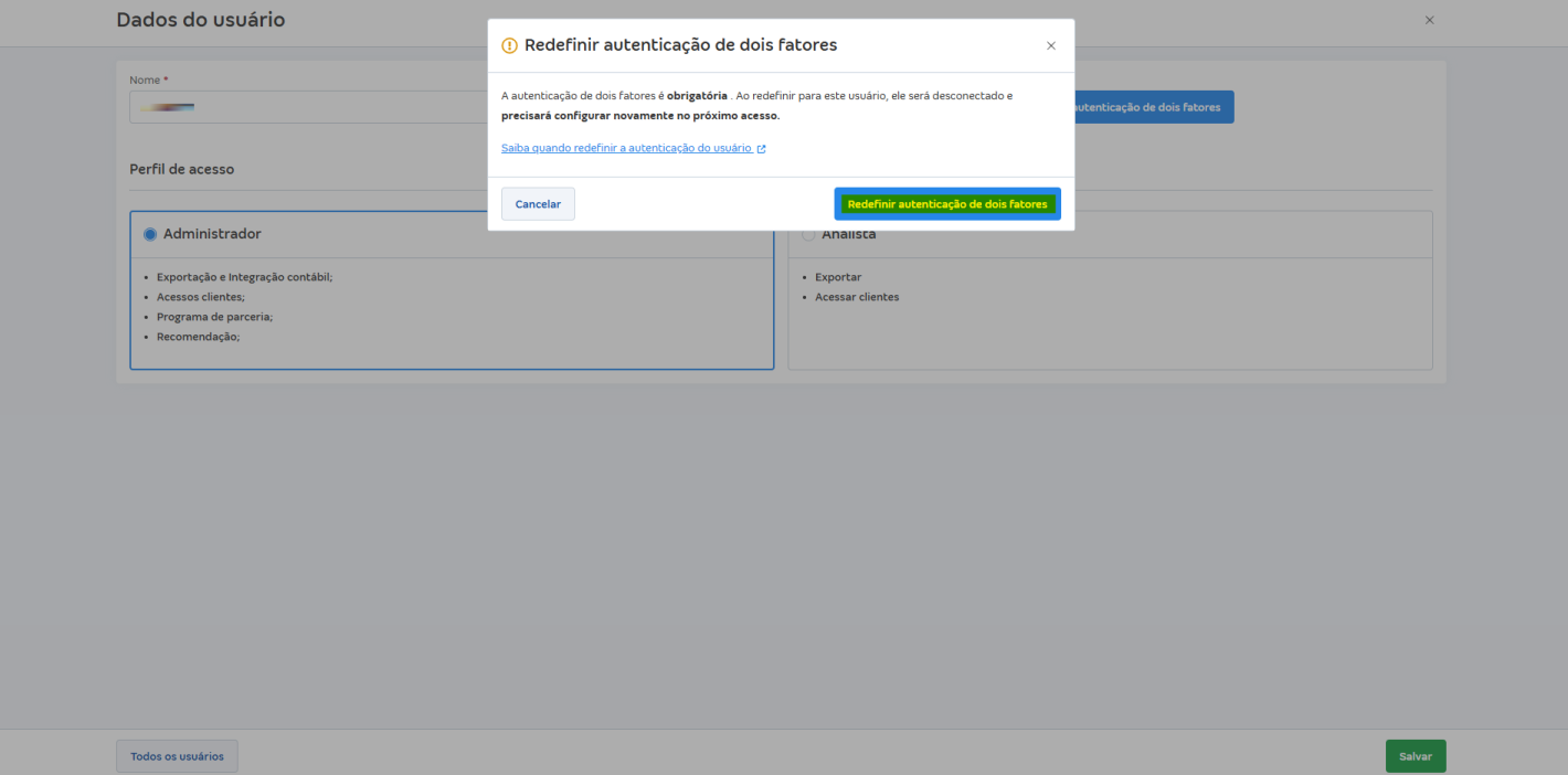 Tela de confirmação da redefinição da MFA