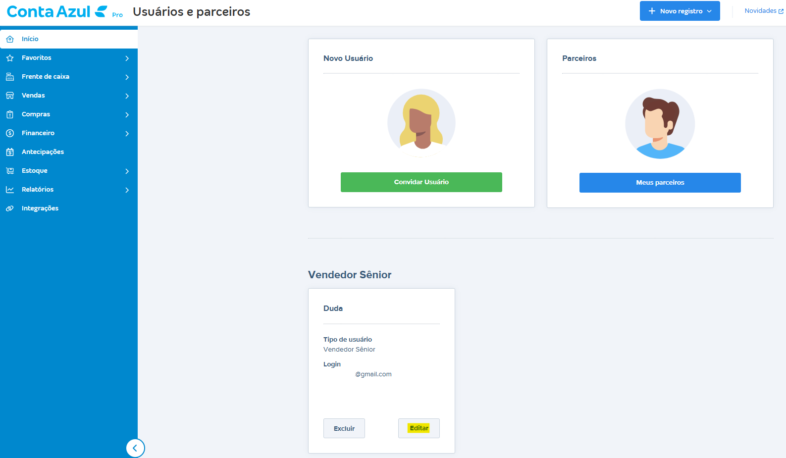 Tela de meus usuários com destaque no botão Editar