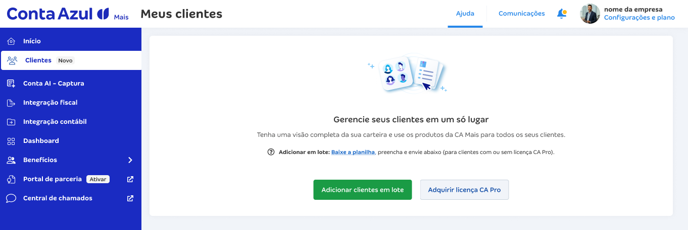 cadastrar ou importar o primeiro cliente, a listagem passa a ser exibida
