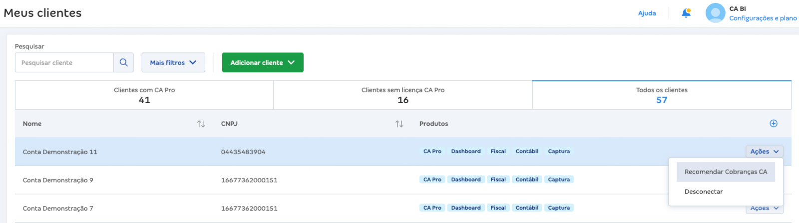 Ações da listagem de clientes: recomendar ou desconectar