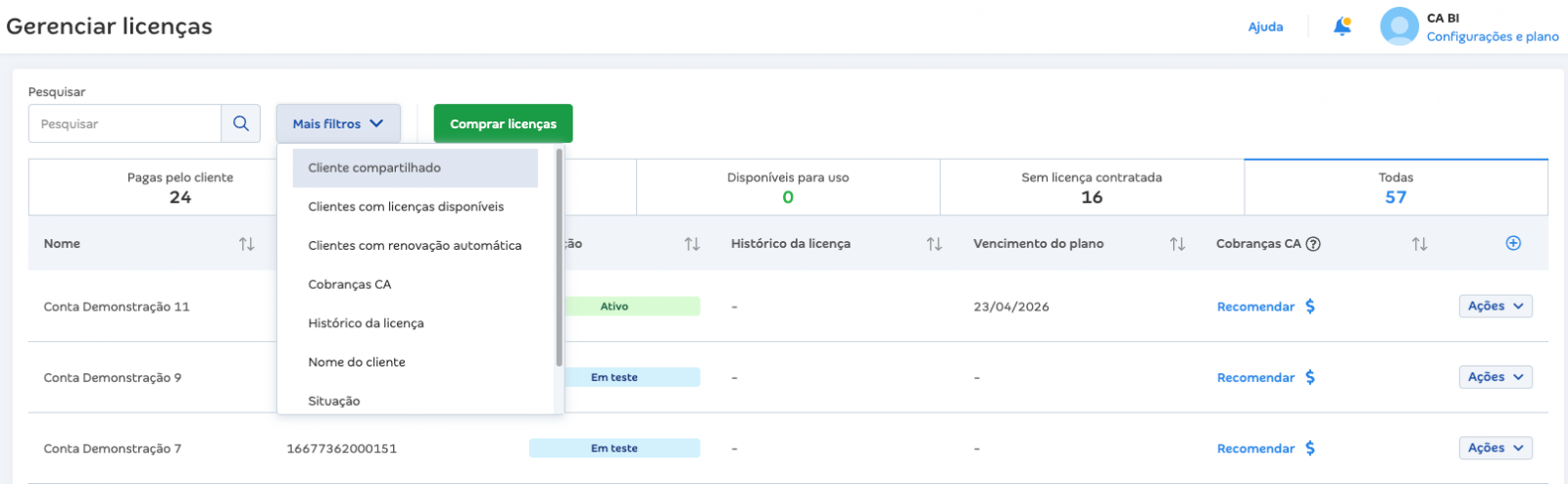 Mais filtros na listagem de clientes CA Mais