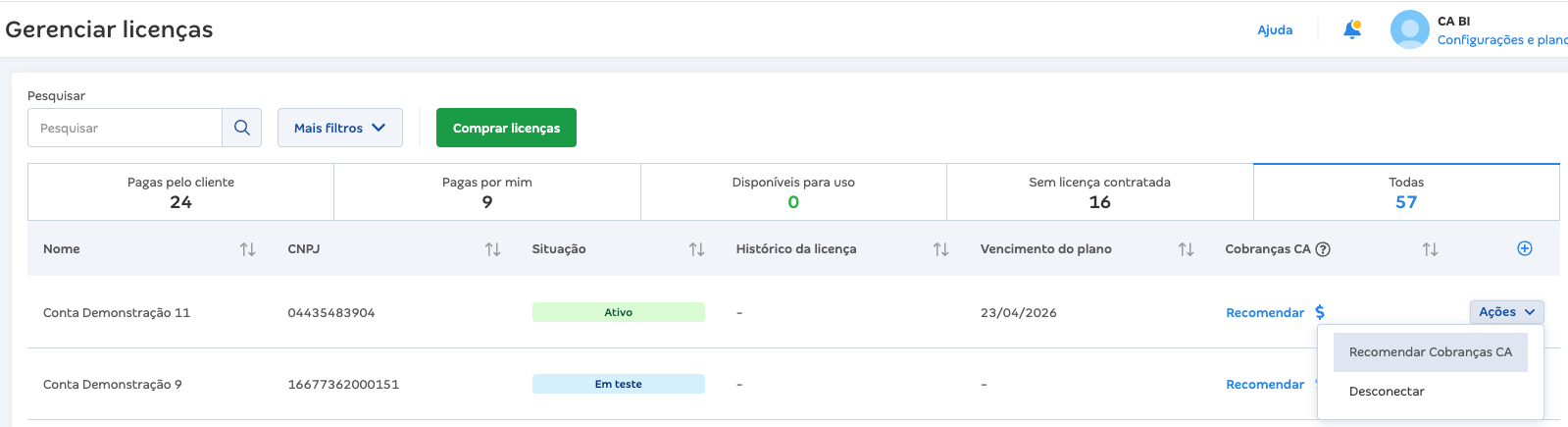 Ações da listagem de clientes: recomendar ou desconectar