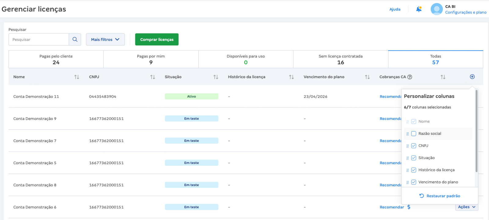 Personalizar colunas na listagem de clientes CA Mais
