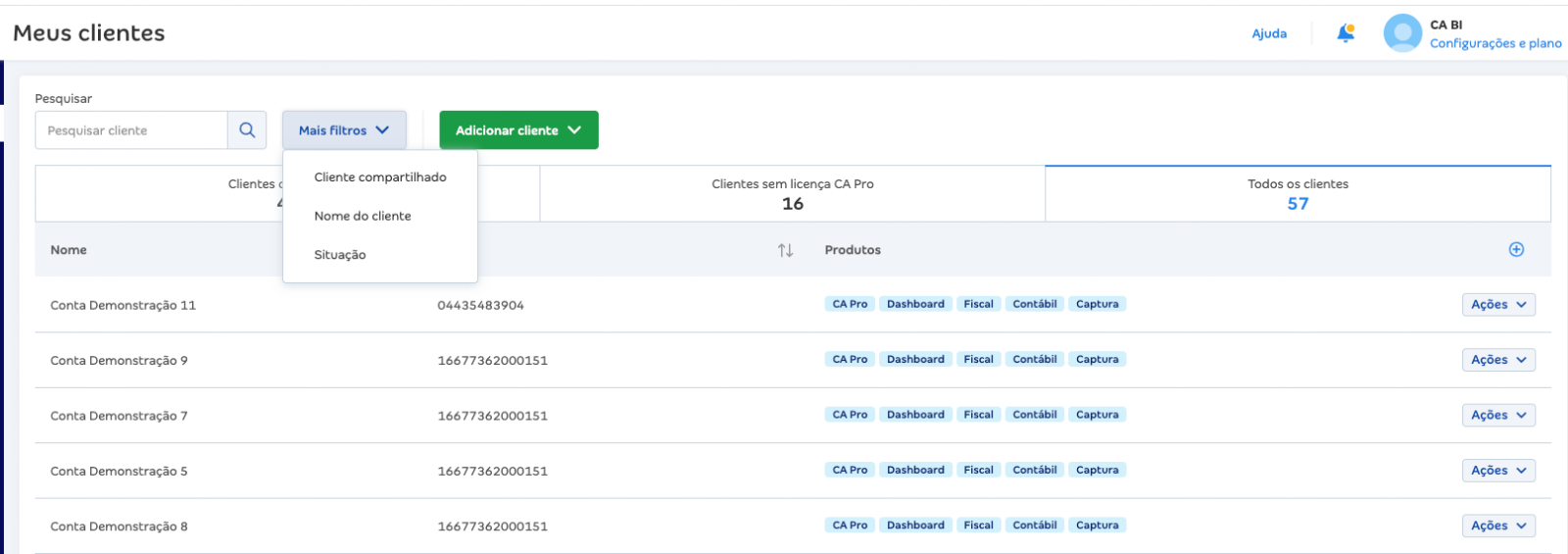 Clientes compartilhados entre parceiros CA Mais: listagem de clientes
