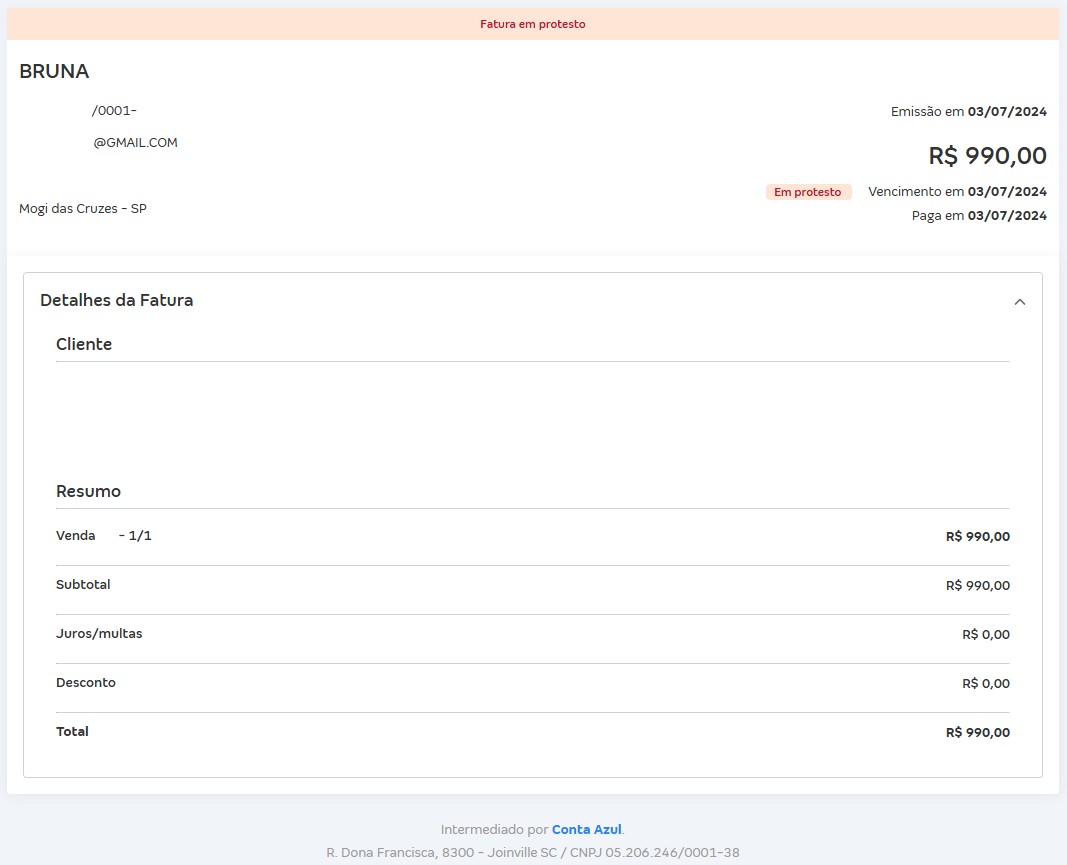 Tela de Fatura em protesto.