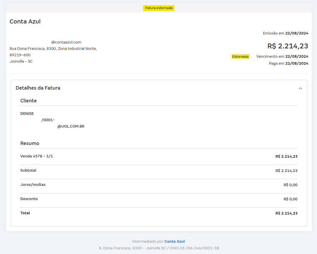 Tela de Fatura estornada.