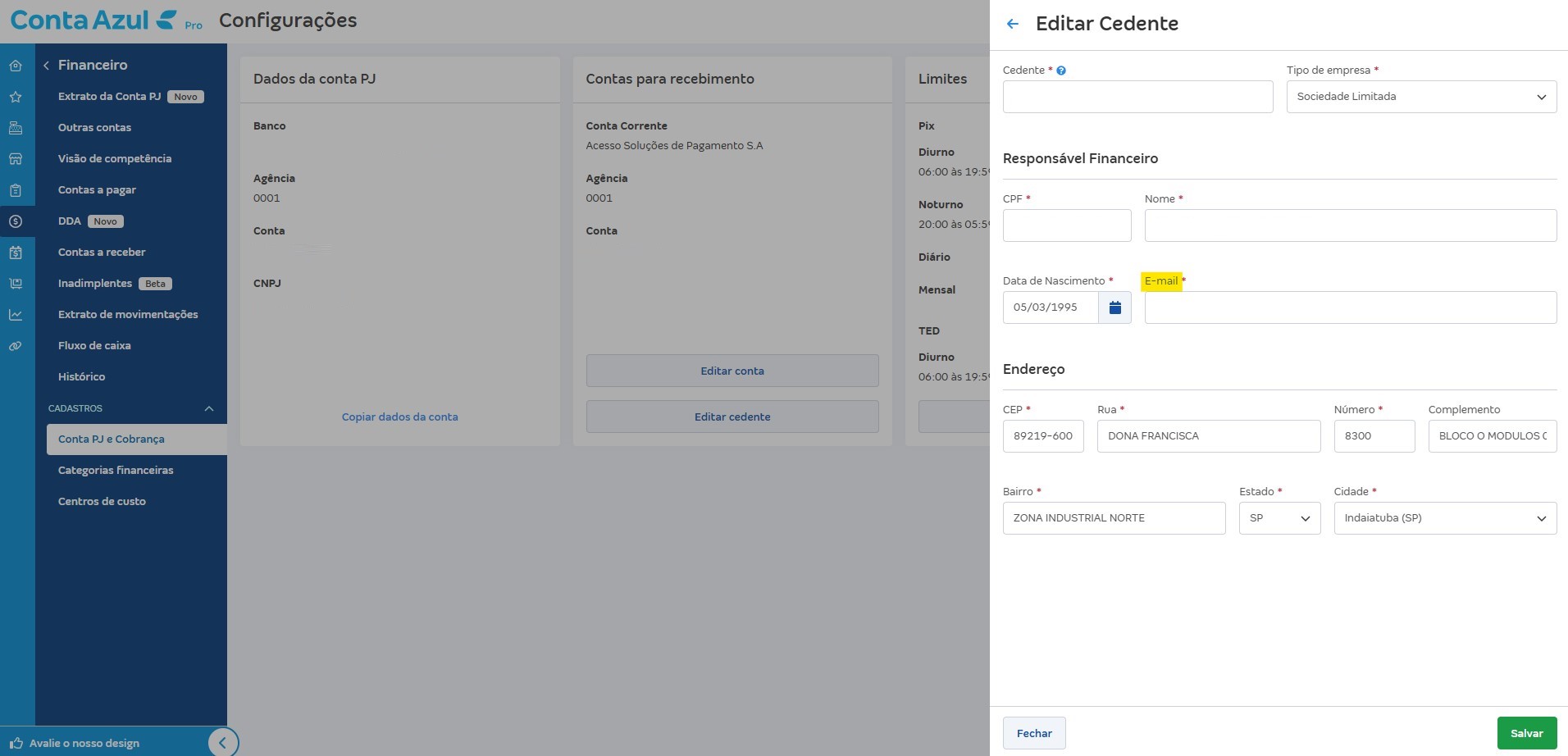 Tela Editar cedente com destaque para o campo E-mail.