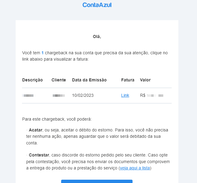 Modelo do e-mail enviado quando houver chargeback.