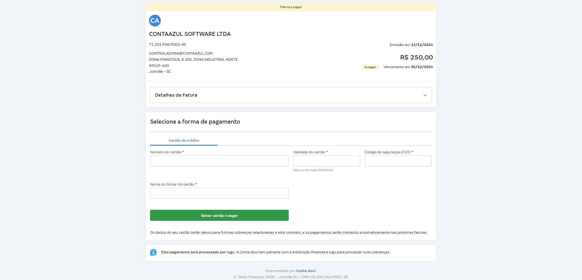 Tela de fatura da cobrança de cartão de crédito via link da Conta Azul.