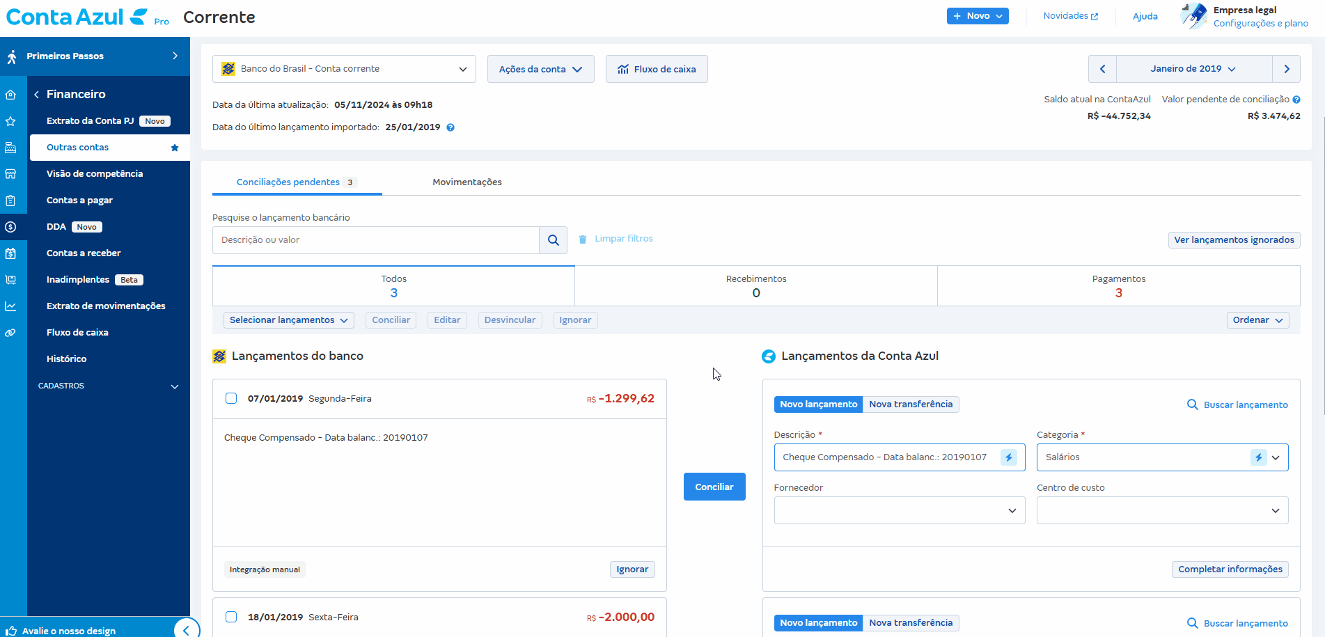 Passo a passo para buscar, selecionar e conciliar vários lançamentos.