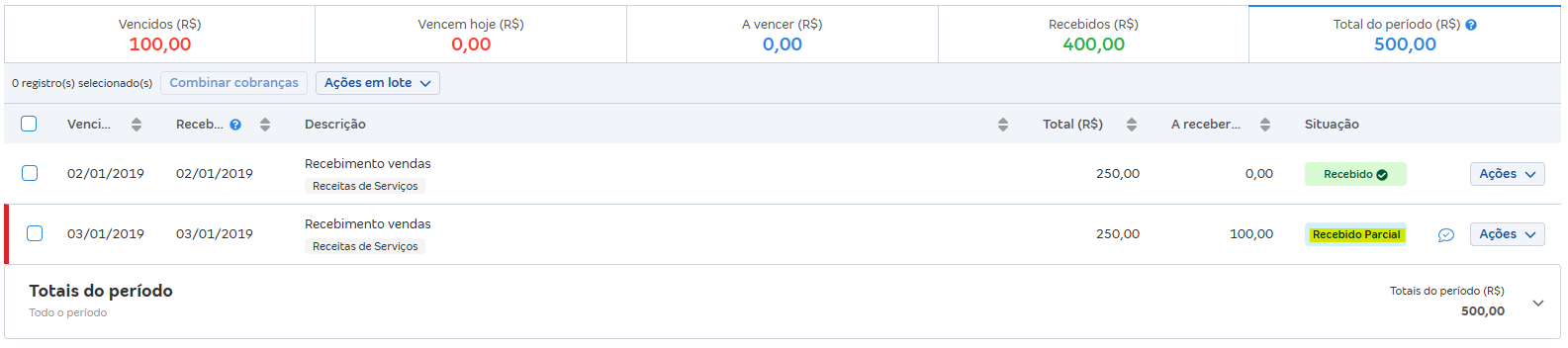 Tela de Extrato de movimentações com destaque para lançamento baixado parcialmente.