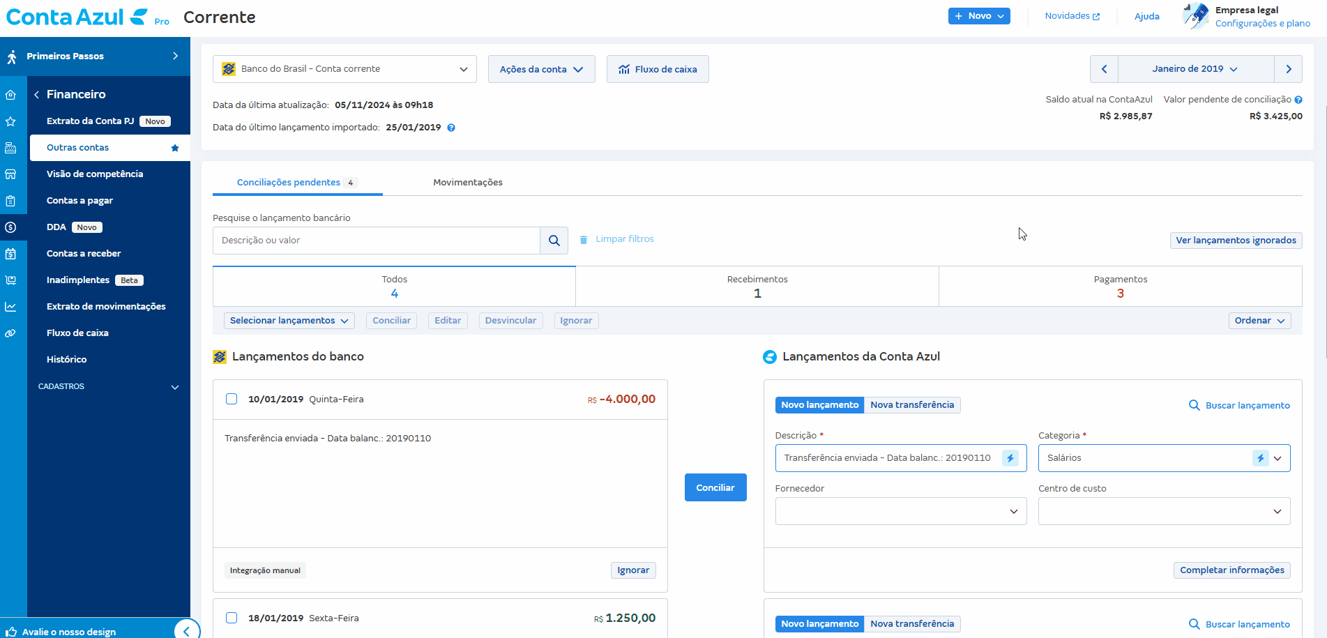 Passo a passo para criar nova transferência e conciliar.