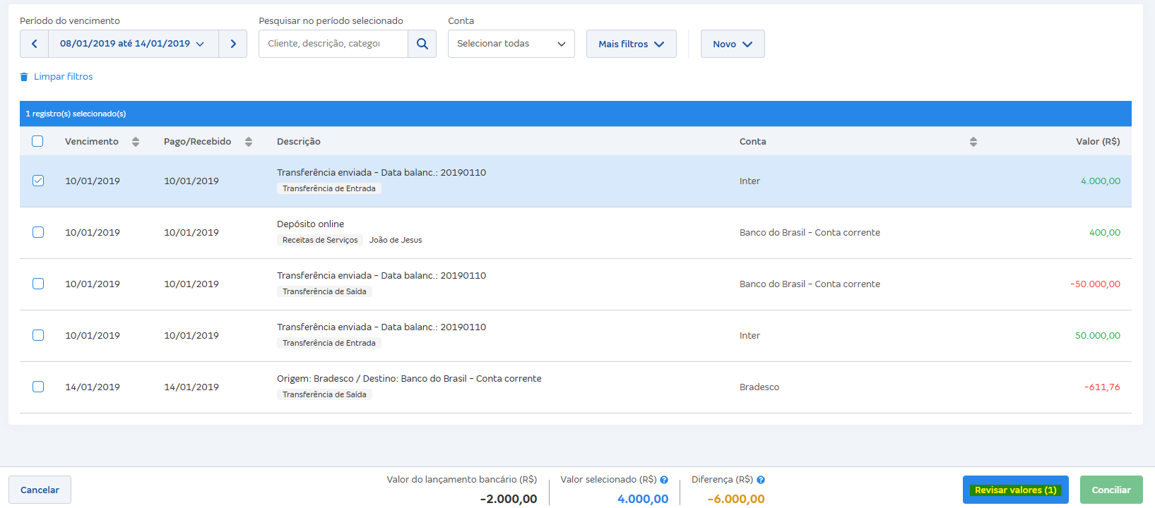 Tela de Buscar lançamento com destaque para o botão Revisar valores.