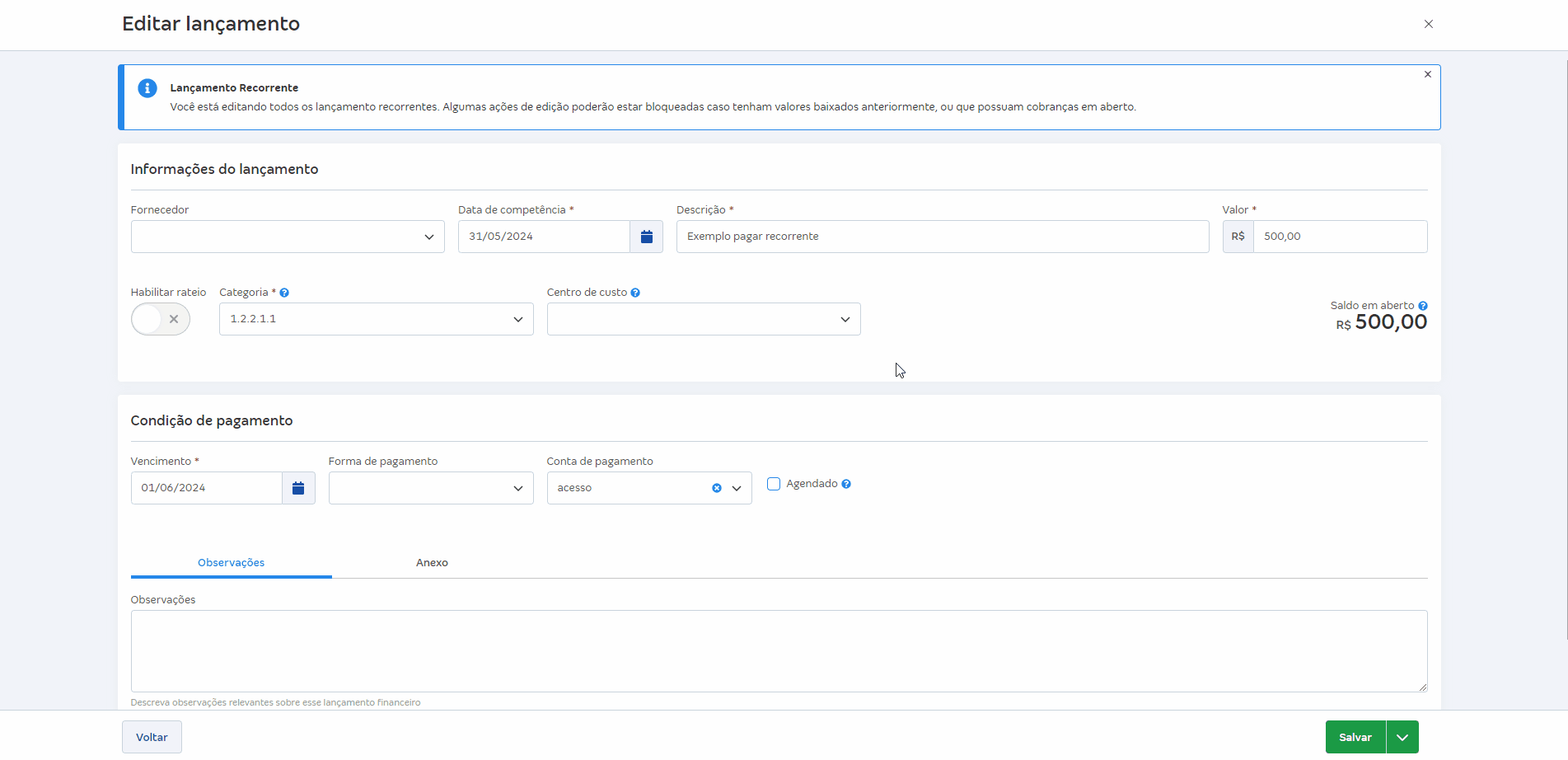 Passo a passo para concluir edição das despesas recorrentes criadas na Conta Azul.