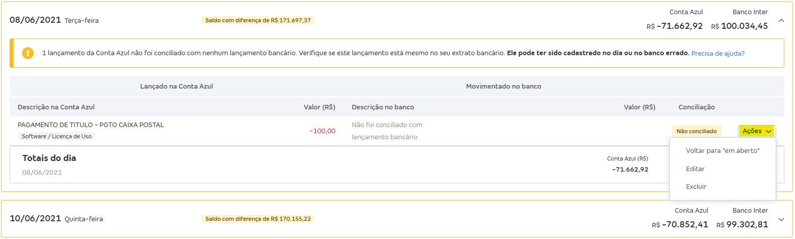 Tela de Movimentações com destaque para o botão Ações.