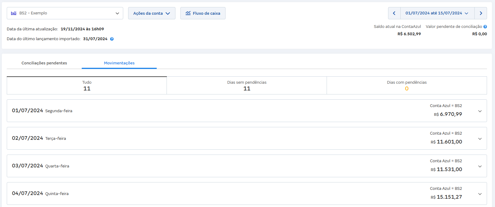 Tela de Movimentações com o saldo de todos os dias batendo.