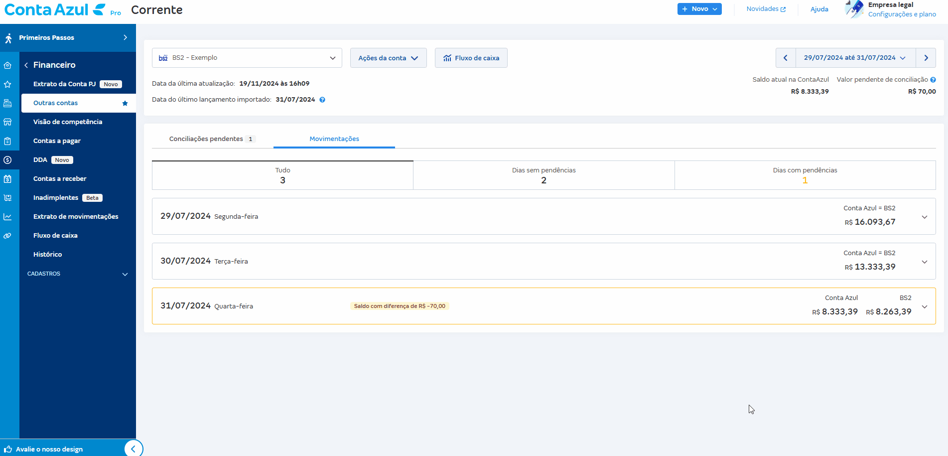 Passo a passo de correção de saldo pelo atalho da tela de Movimentações.