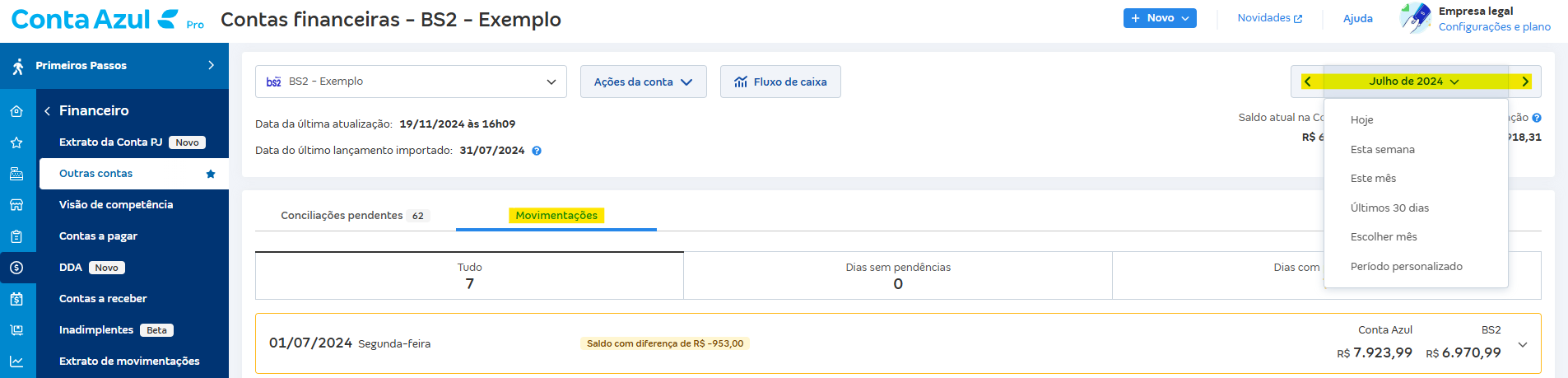 Tela de Movimentações com destaque para o campo Período personalizado.
